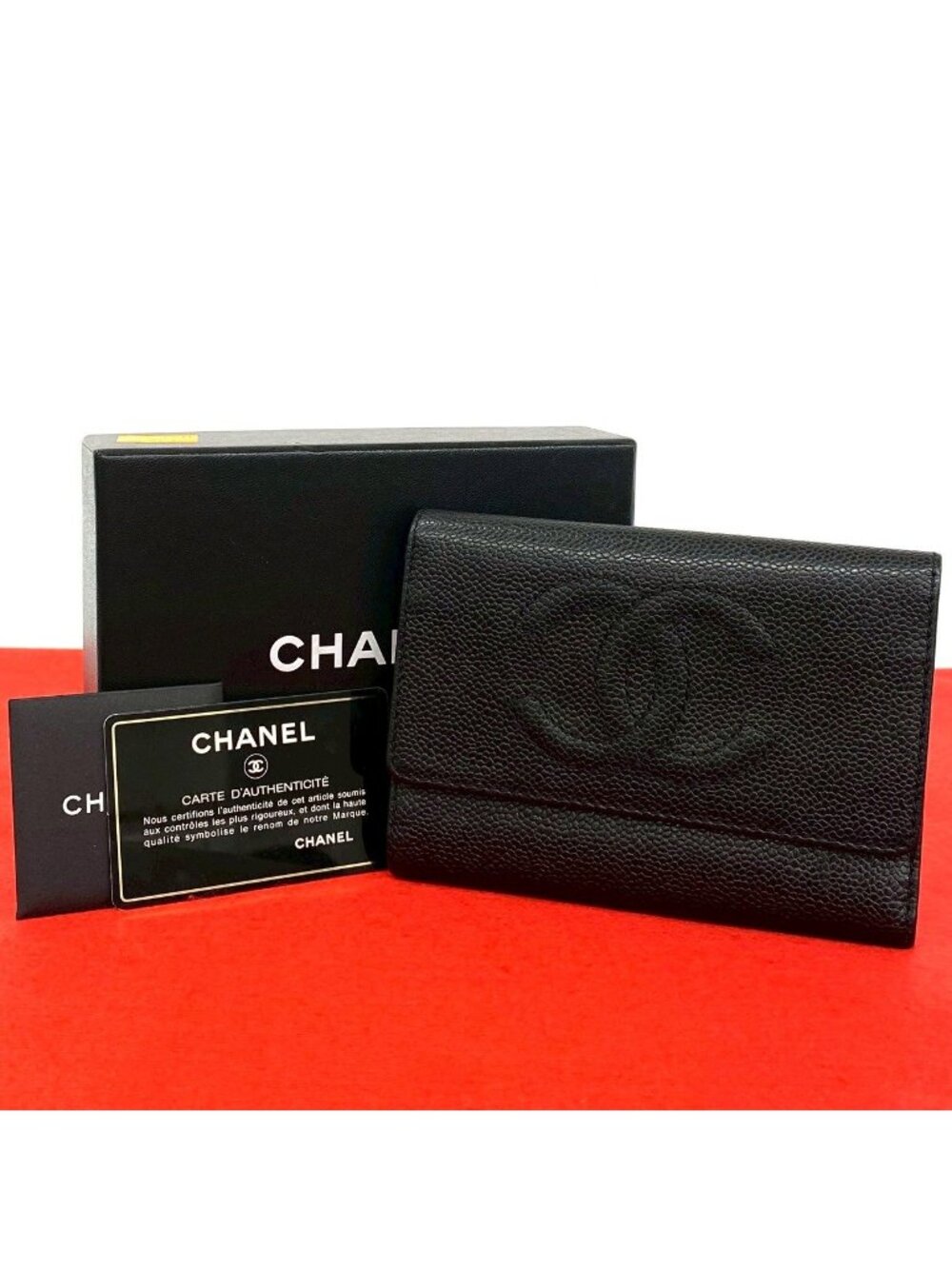 Chanel CC Logo Caviar Leather Trifold Wallet Black